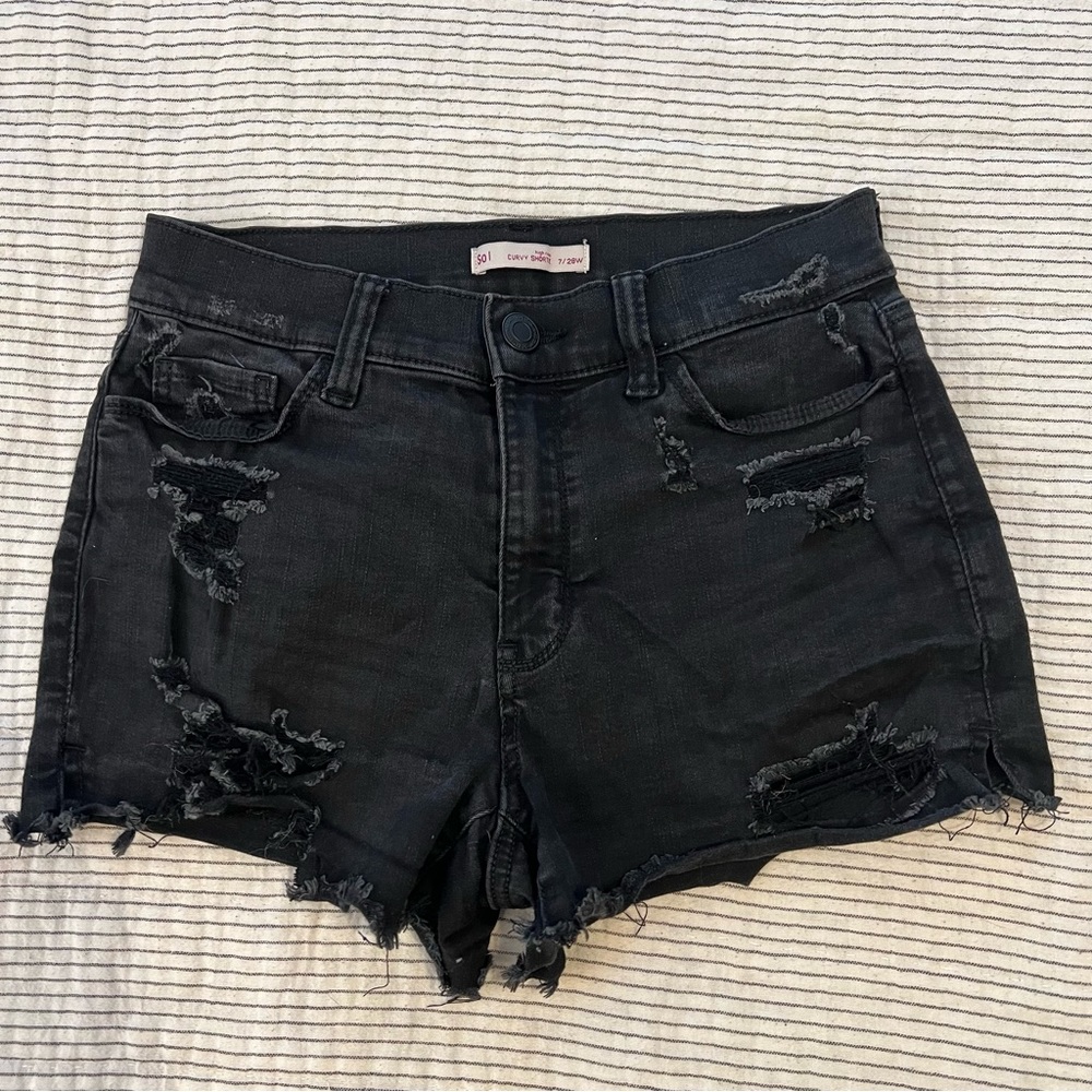 High Rise Curvy Black Destroyed Jean Shorts 28